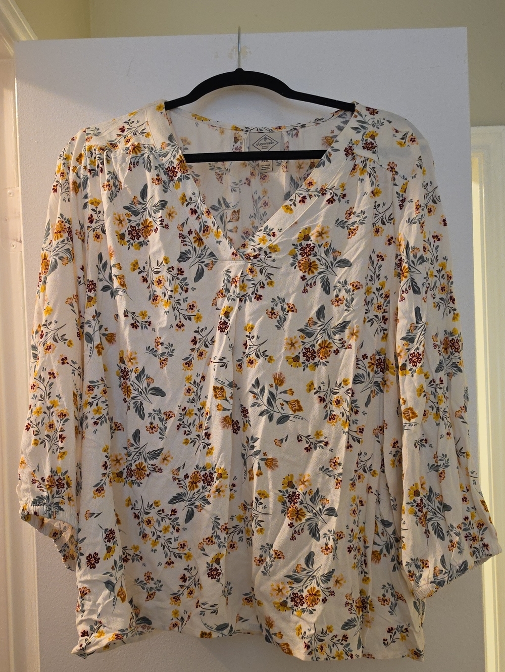 St. John’s Bay Cream Floral V-Neck Blouse with Yellow and Green Accents